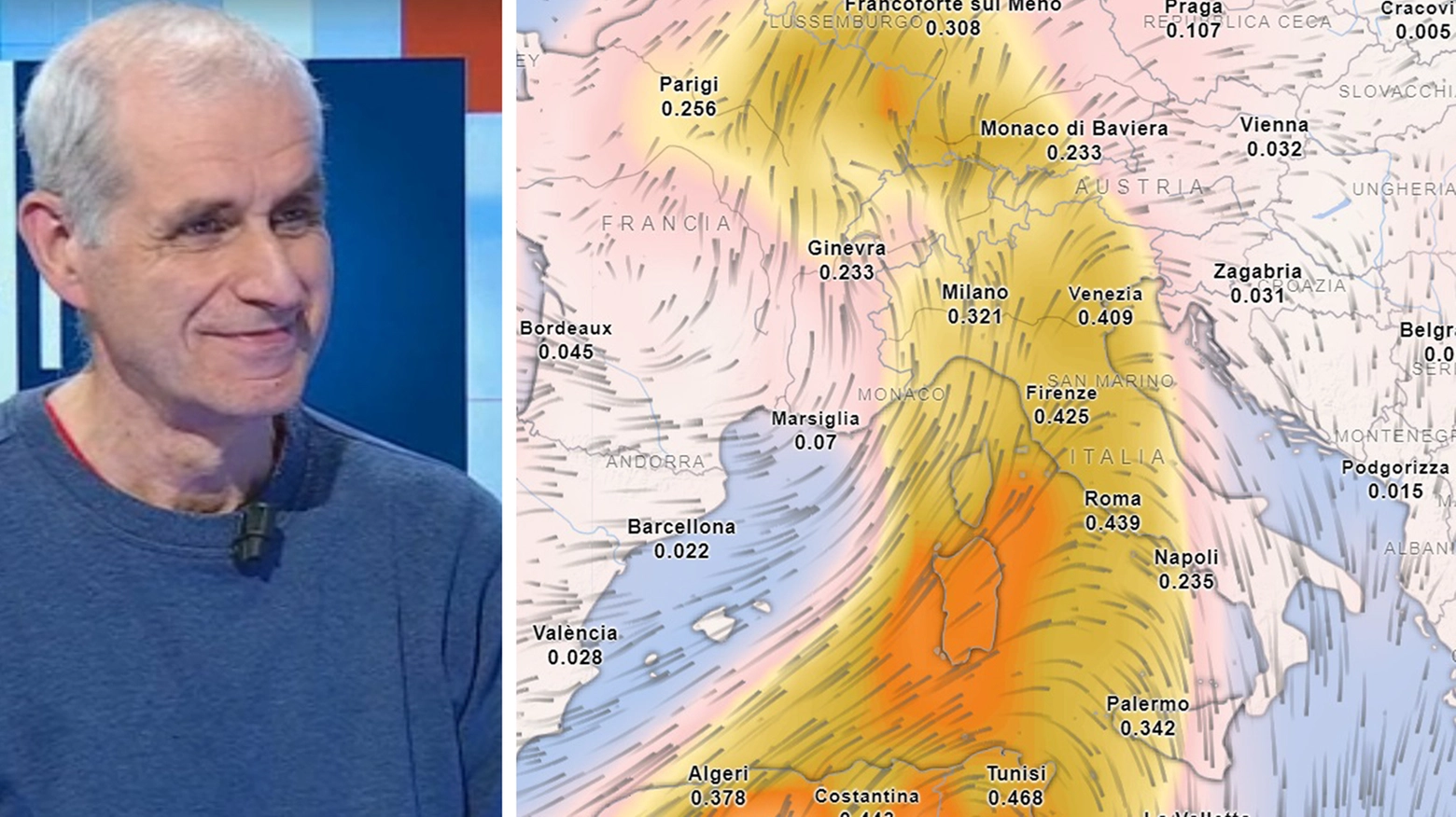 Il meteorologo Pierluigi Randi (foto da Facebook) e la mappa della sabbia dal deserto in arrivo in Italia e sull'Emilia Romagna (foto: modello numerico CAMS e grafica by Meteored)