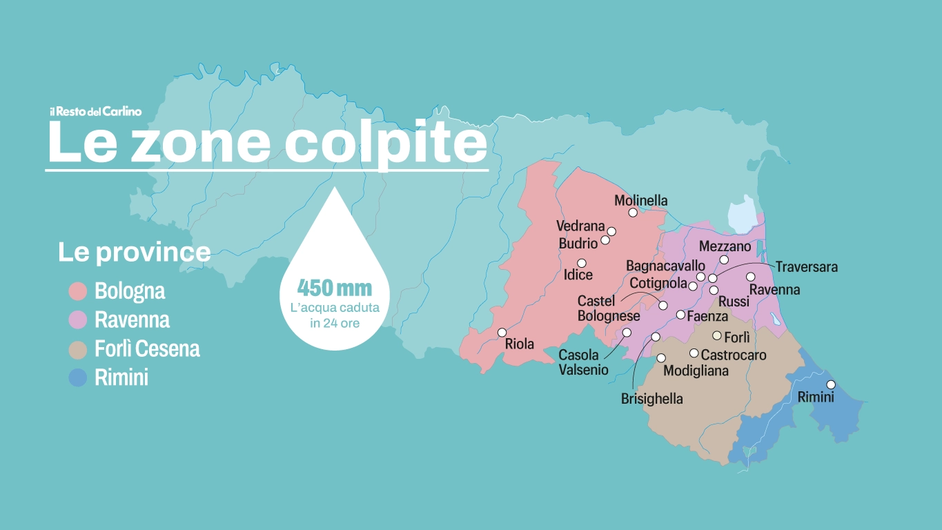 Tanti danni sugli Appennini dal Bolognese alla Romagna. Ravenna ancora la provincia più flagellata, con devastazioni e allagamenti a causa delle esondazioni dei fiumi. Salve per un soffio Cesena e Rimini