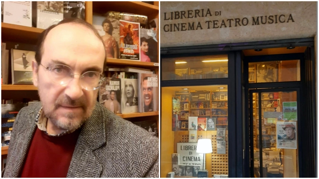 Il libraio Ivan Cipressi e la vetrina della libreria in via Mentana