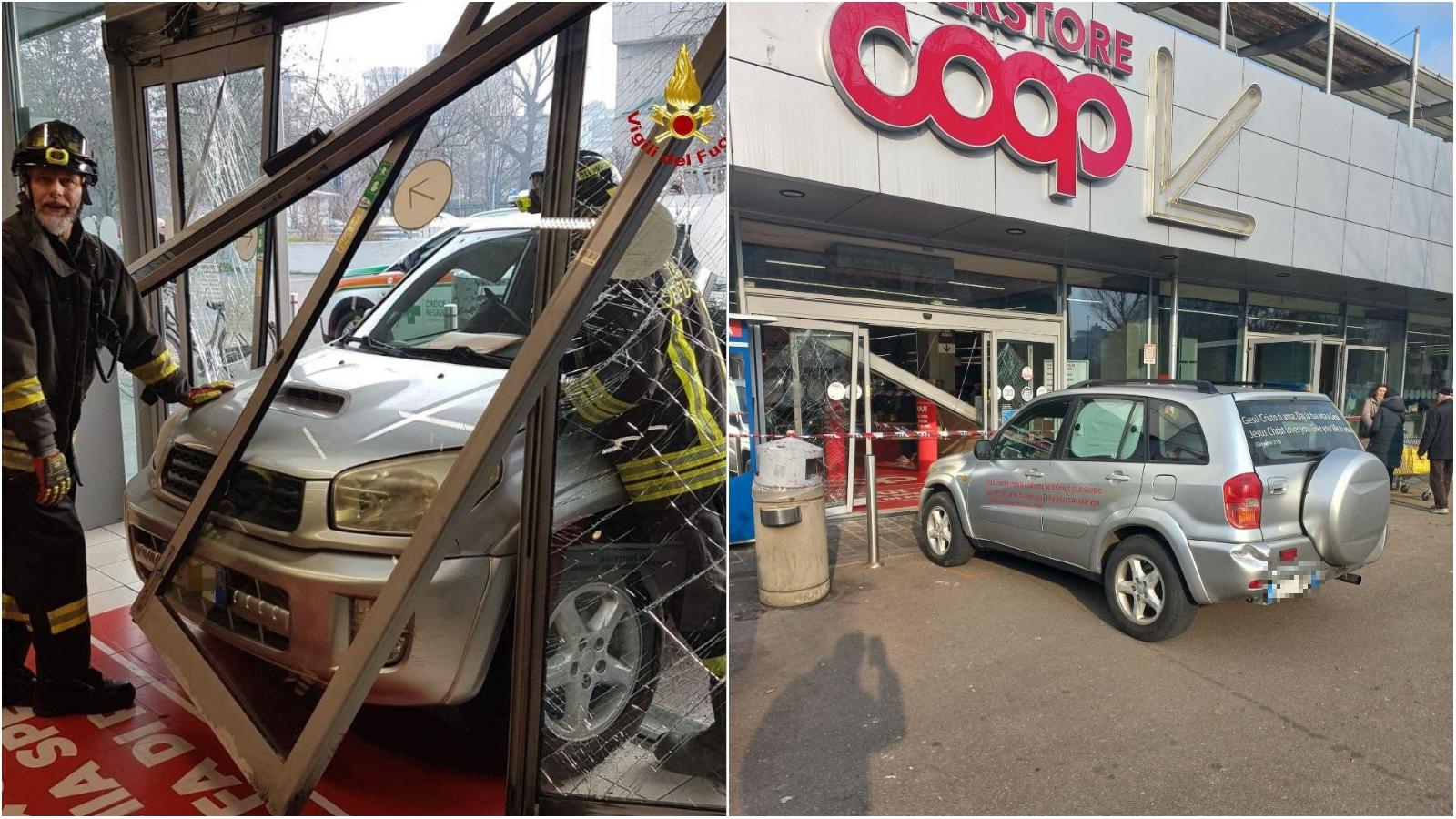 Sfonda l’ingresso del supermercato con l’auto e investe una donna