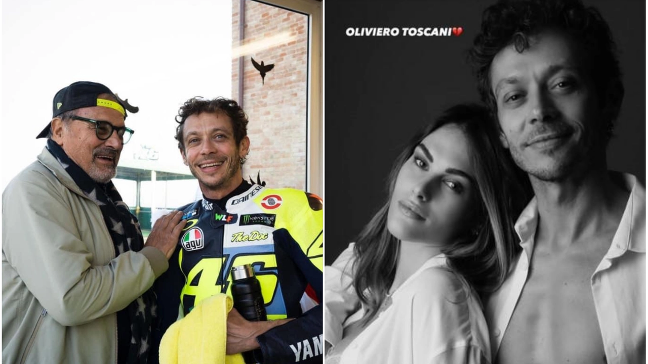 Oliviero Toscani con Valentino Rossi al Ranch nel 2021, a destra il ritratto della coppia Rossi-Novello postato sui social con un cuore spezzato, in omaggio all'artista