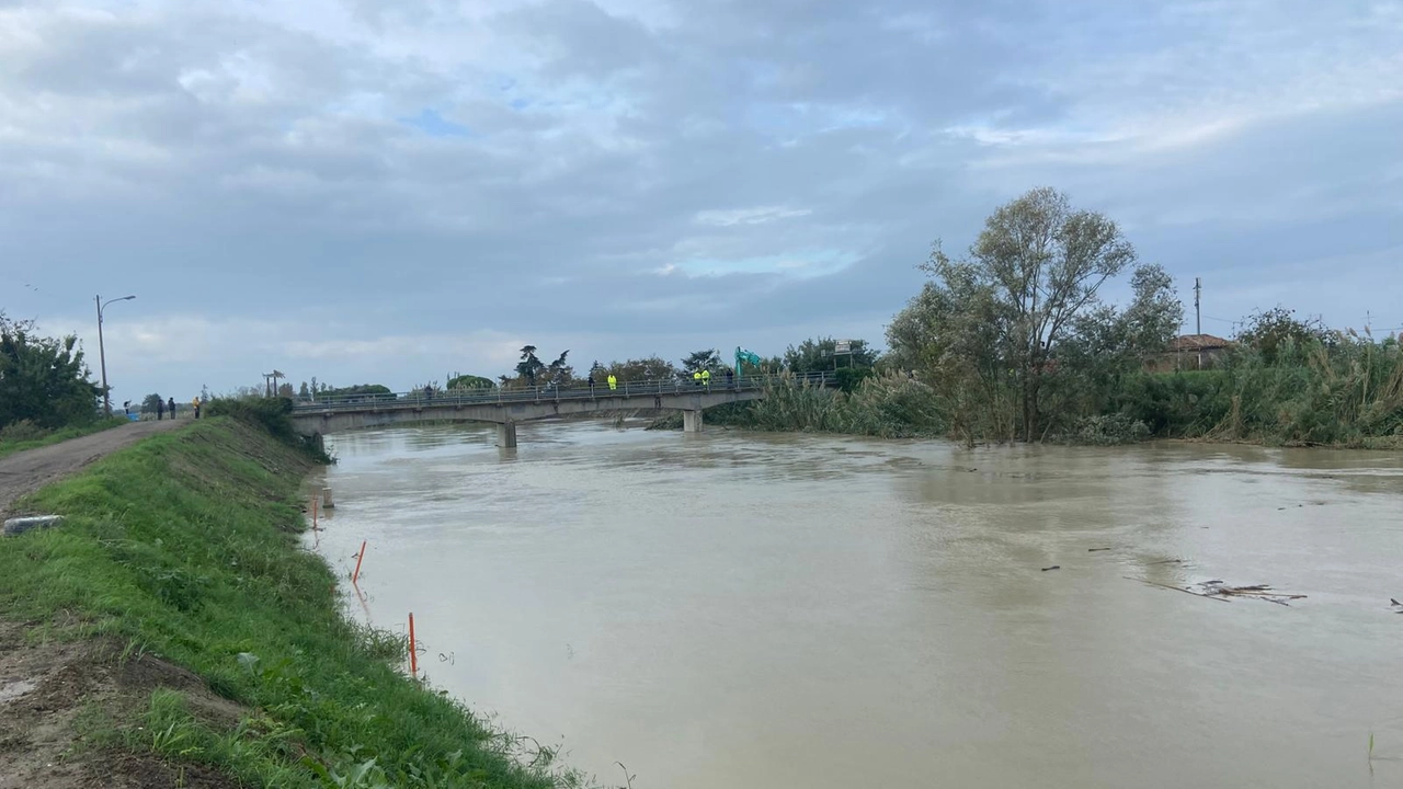 Il transito dell'ondata di piena del Lamone, ieri all'altezza di Traversara