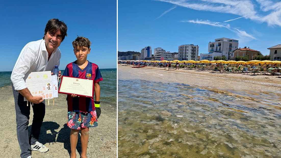 Il sindaco consegna ’il Plauso della città’ a Giona. Accanto, lo stato delle spiagge domenica 11 agosto 2024