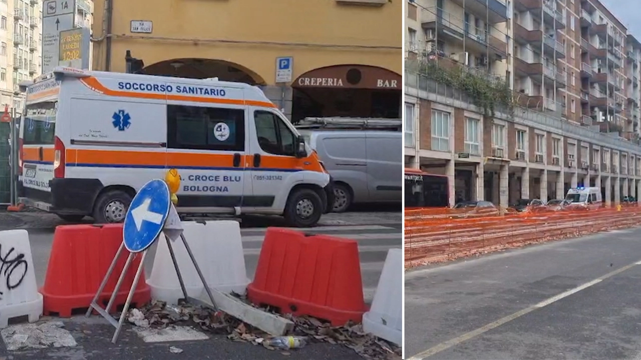 Ambulanza bloccata nel traffico in via Saffi a Bologna, difficoltà di viabilità dovute ai cantieri del tram: due fermo immagine del video