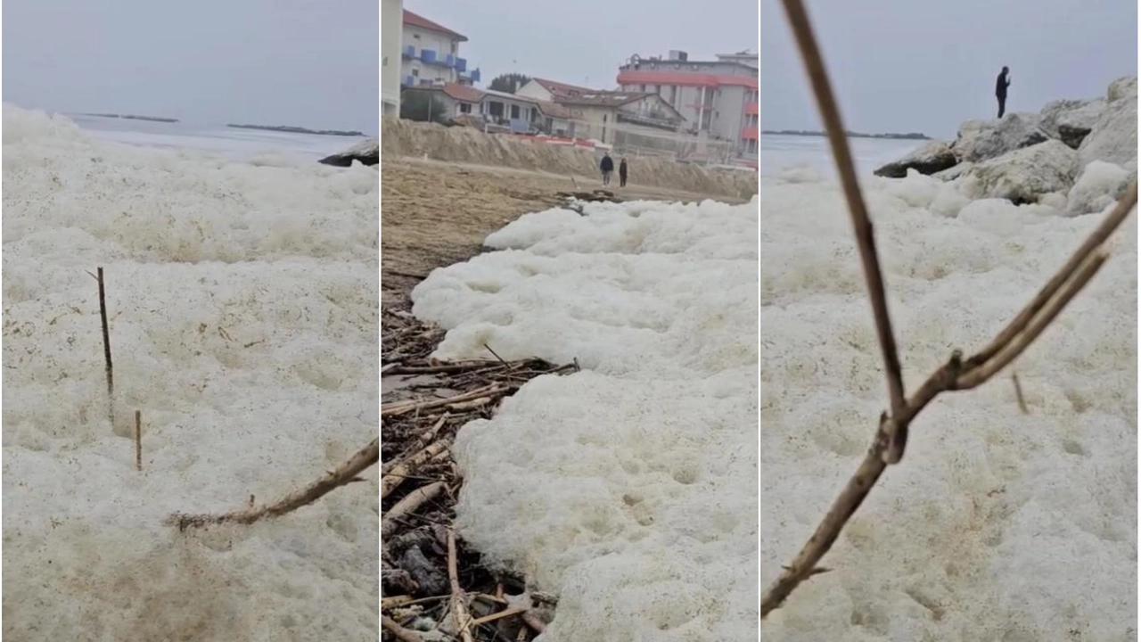 La massa di schiuma apparsa sulle spiagge adiacenti l’imboccatura del portocanale, lato Bellaria, ha destato preoccupazione nei passanti (foto Paolo Barberini)