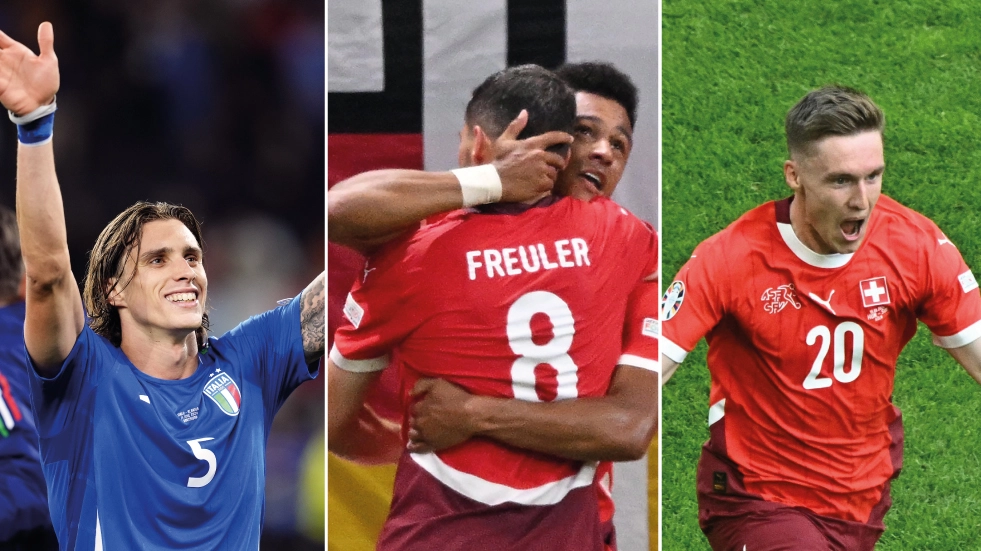 Da sinistra, Riccardo Calafiori protagonista con la maglia azzurra, Ndoye e Freuler abbracciati dopo un gol della Svizzera e Aebischer che festeggia la rete all'esordio contro l'Albania