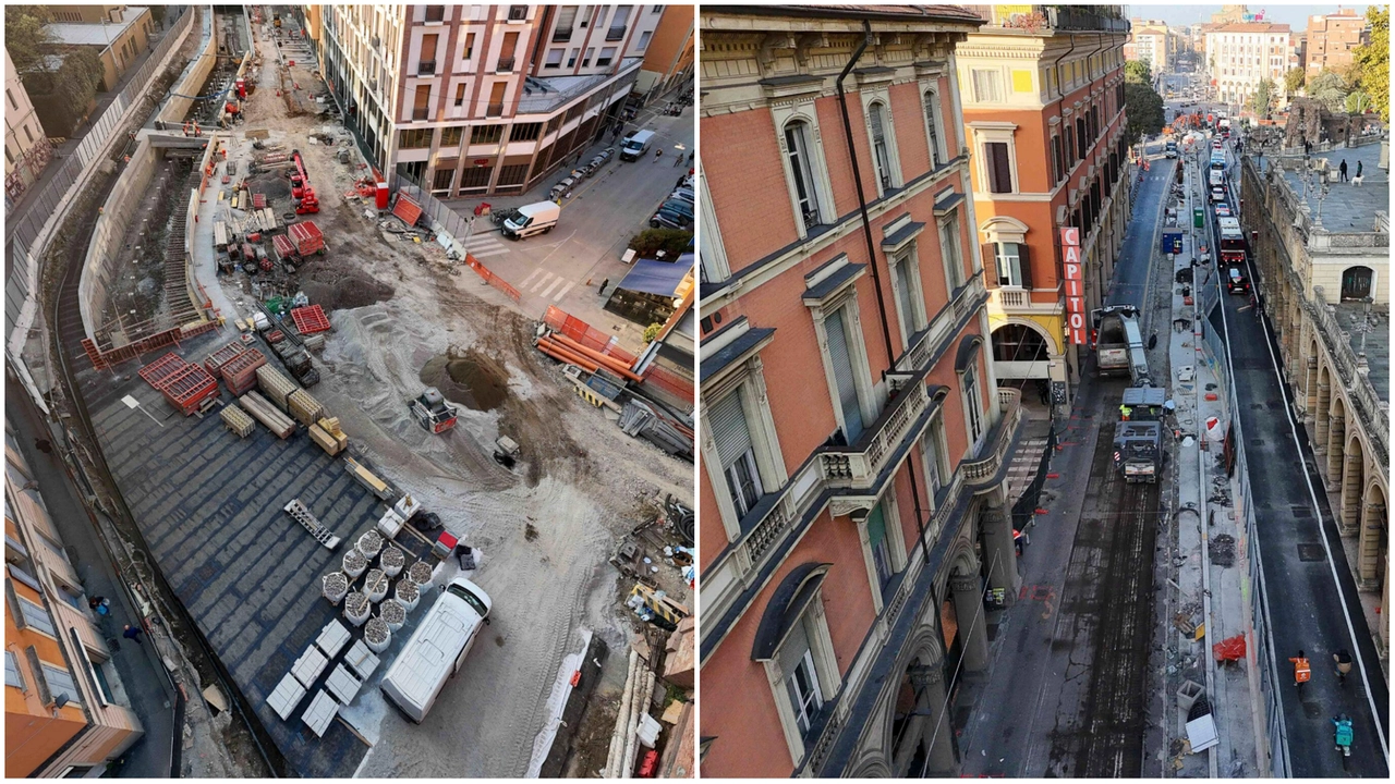 I cantieri per la Linea rossa del tram in via Riva Reno (sinistra) e in via Indipendenza a Bologna