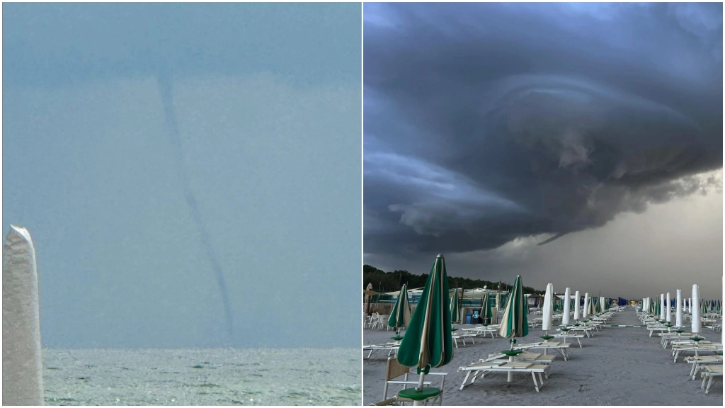 Tromba marina a Rimini e cielo nuvoloso a Punta Marina (foto divulgate da Emilia Romagna meteo)