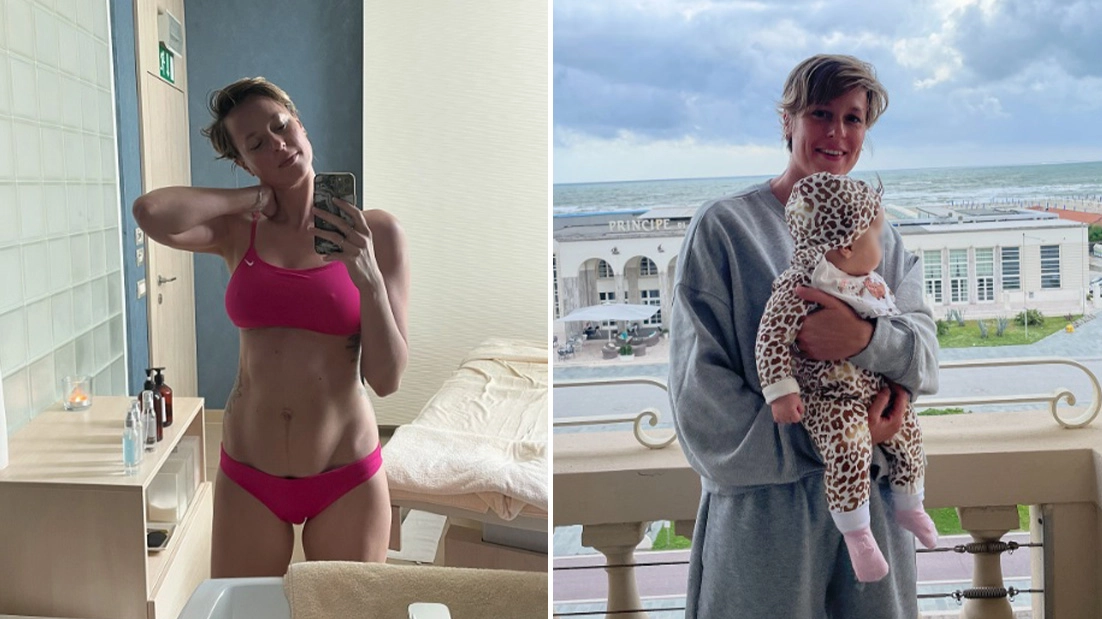 Federica Pellegrini e il corpo ancora morbido dopo la gravidanza; a destra, con la piccola Matilde (foto Instagram)