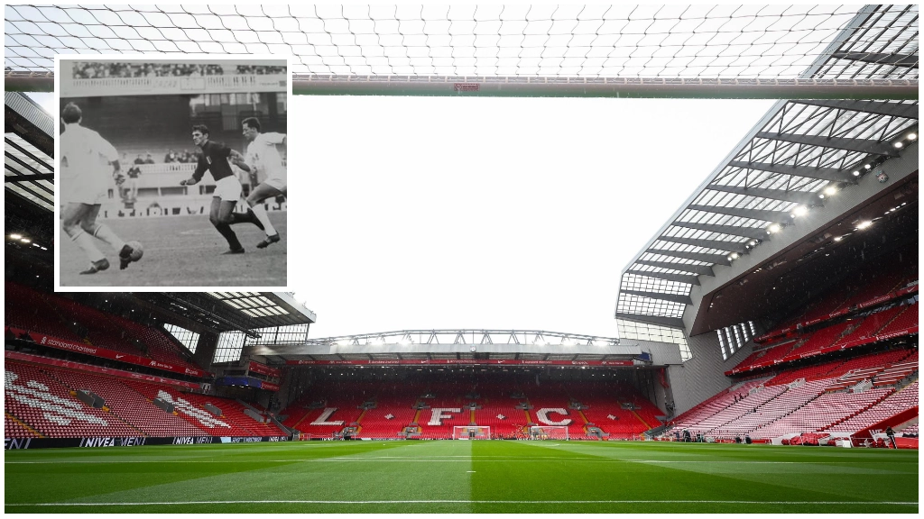 Lo stadio di Liverpool, Anfield Road. Nel riquadro, il possesso palla rossoblù nel confronto con l'Anderlecht andato in scena al Camp Nou di Barcellona il 14 ottobre 1964