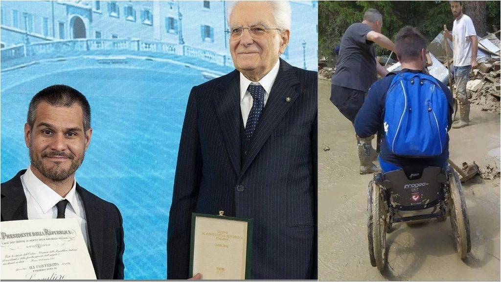 L'onorificenza conferita da Mattarella a Simone Baldini e, a destra, la foto simbolo dell'angelo del fango sulla sedia a rotelle