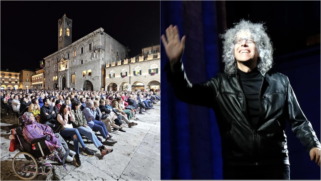 Giovanni Allevi e piazza del Popolo gremita per il concerto di stasera (Foto La Bolognese)