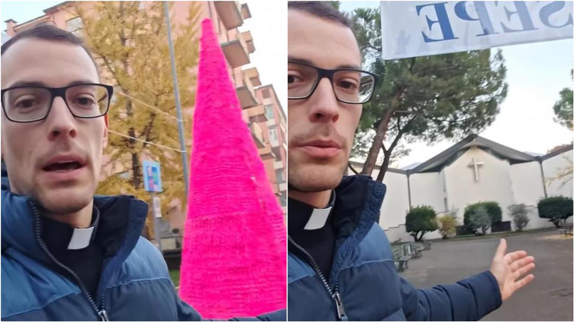 Il prete social contro l’albero di Natale fucsia davanti alla chiesa: “Troppa frociaggine a Verona”