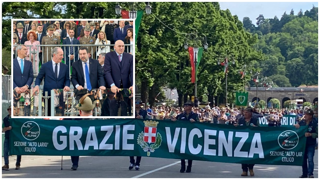 Il corteo degli Alpini a Vicenza. Nel box: Luca Zaia, Matteo Salvini e Guido Crosetto