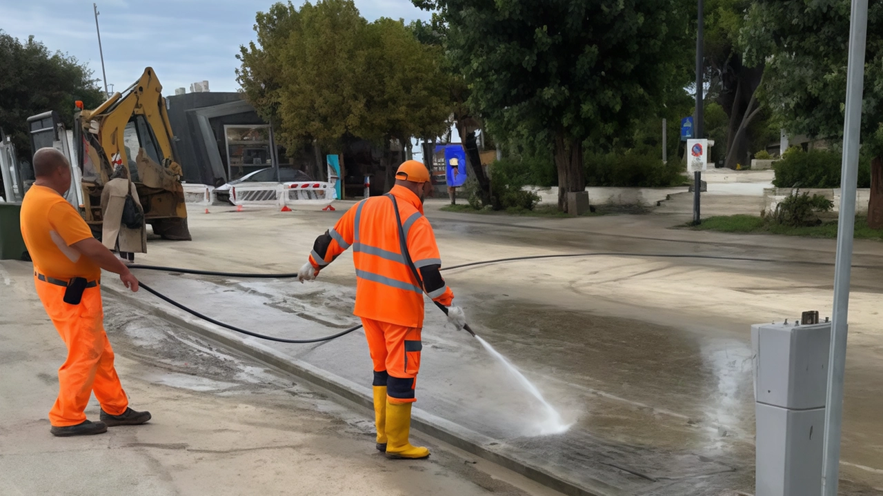 Gli operai al lavoro per smaltire acqua e fango accumulati dalle forti piogge