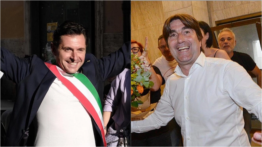 A destra Andrea Biancani, nuovo sindaco di Pesaro; a sinistra Marco Fioravanti fa il bis ad Ascoli