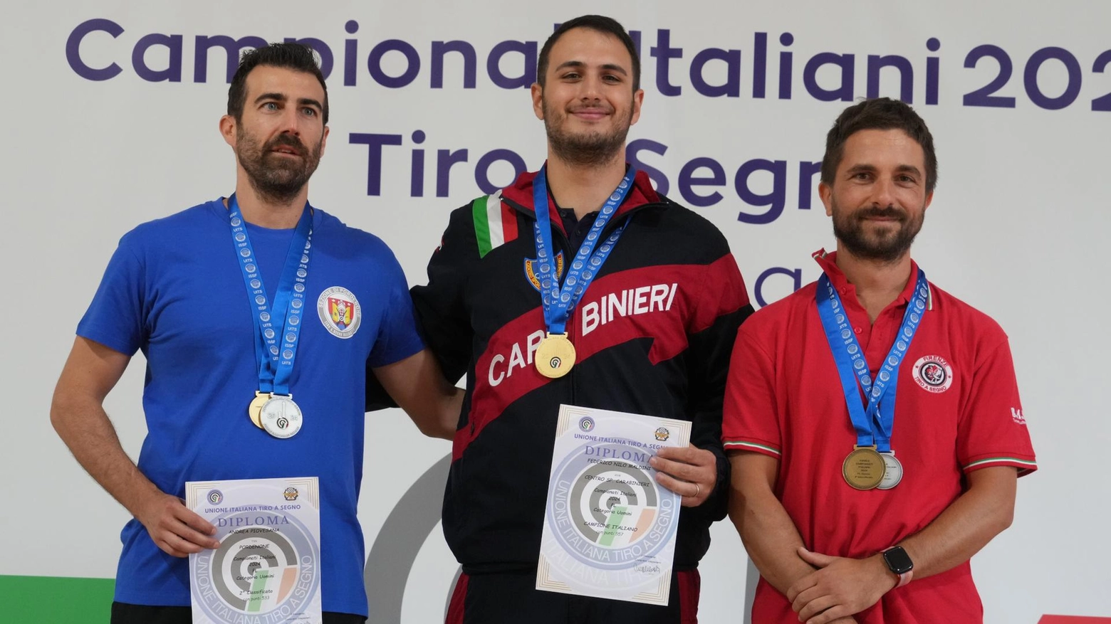 Podio dei Campionati italiani 2024 del tiro a segno che vede Fedeico Nilo Maldini al primo posto