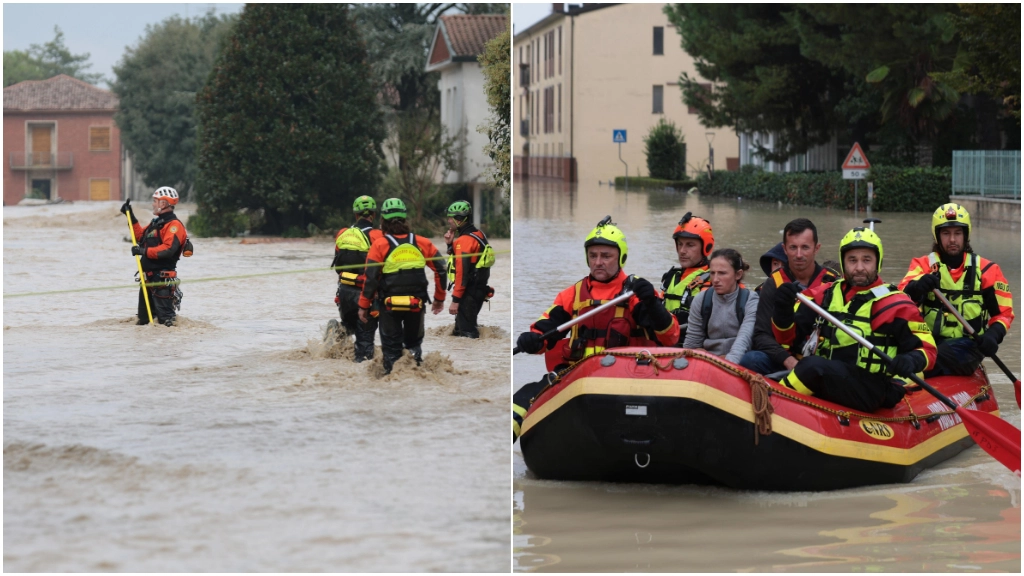 A sinistra Traversara. A destra: via Cimatti a Faenza, volontari della protezione civile e vigili del fuoco (Foto Fabrizio Zani)