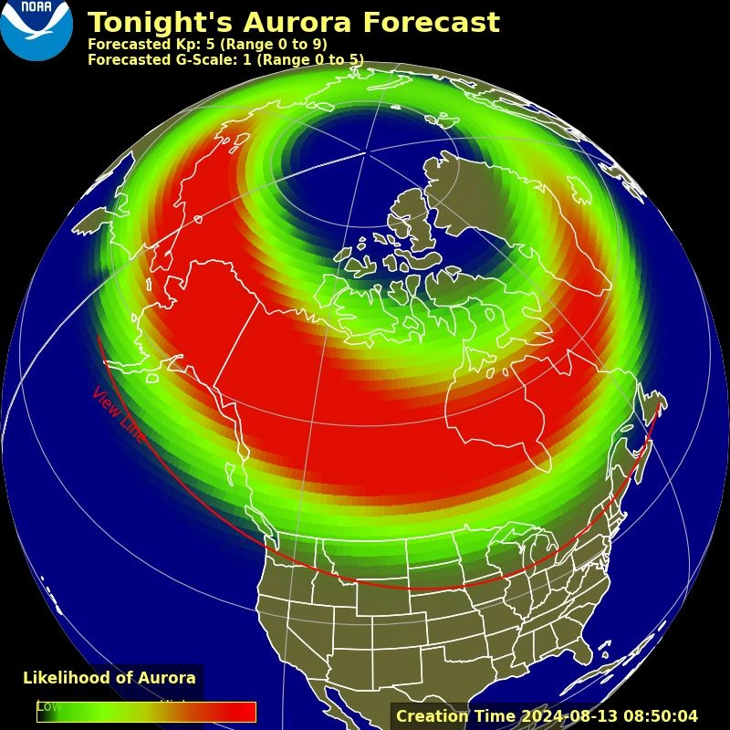 Le previsioni di aurora per stasera, 13 agosto, del Noaa americano