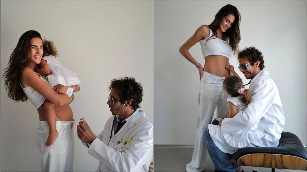 L'annuncio sui social con un divertente siparietto: il 'Dottore' Valentino Rossi visita il pancione della fidanzata Francesca Sofia Novello (Foto da Instagram)