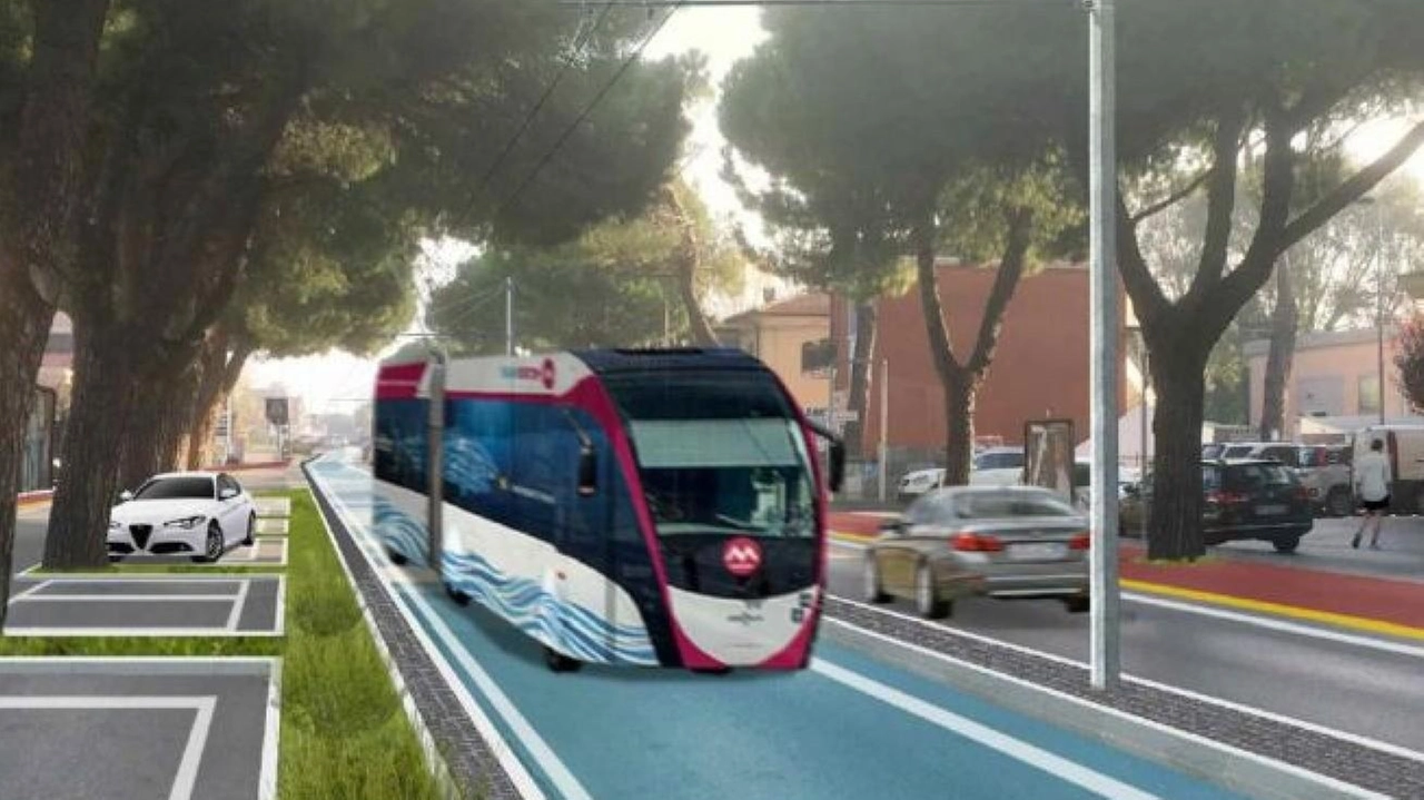 Un rendering di quella che dovrebbe essere la nuova tratta del Metromare tra la stazione di Rimini e la Fiera