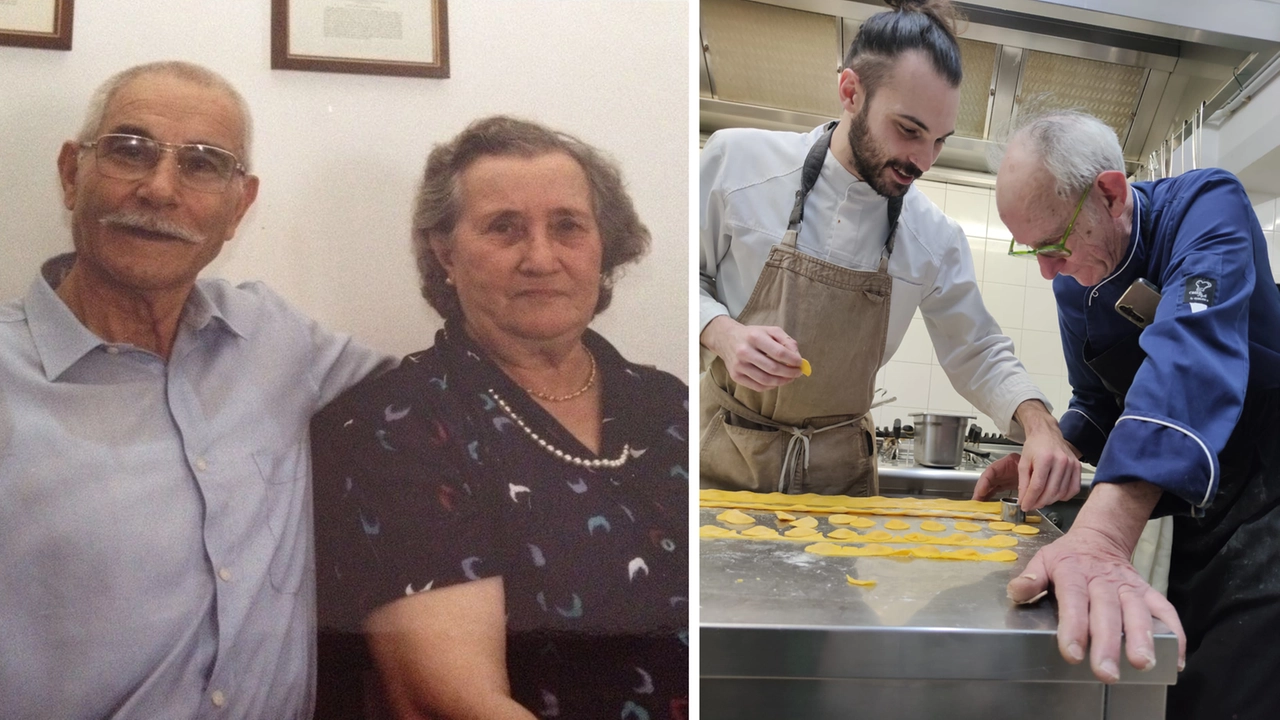 Mauro Polenta e Matteo Pietrini nella cucina dell’Osteria del Baffo. A sinistra, Osvaldo e Iolanda, i nonni degli attuali proprietari da cui rilevarono l’attività