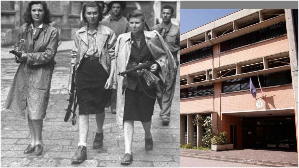 La foto delle partigiane allegata al volantino nella bufera e l'ingresso del liceo Aldo Moro di Reggio Emilia